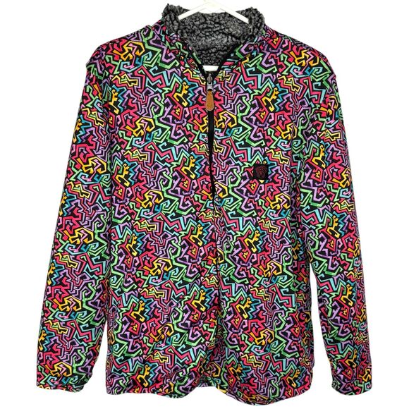 USA Palm Reversible sherpa & colorful funky art pattern jacket 90s style Size XS - Picture 3 of 15